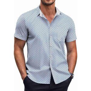 Blue Combo Men Short Sleeve Button Down Wrinkle Free Polka Dot Print Shirt